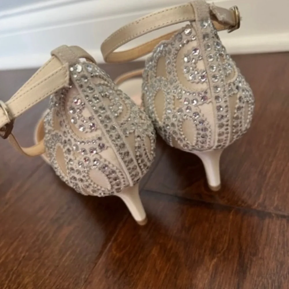 Badgley Mischka Champagne Satin Crystal Ankle-Strap Heels - Picture 3 of 5